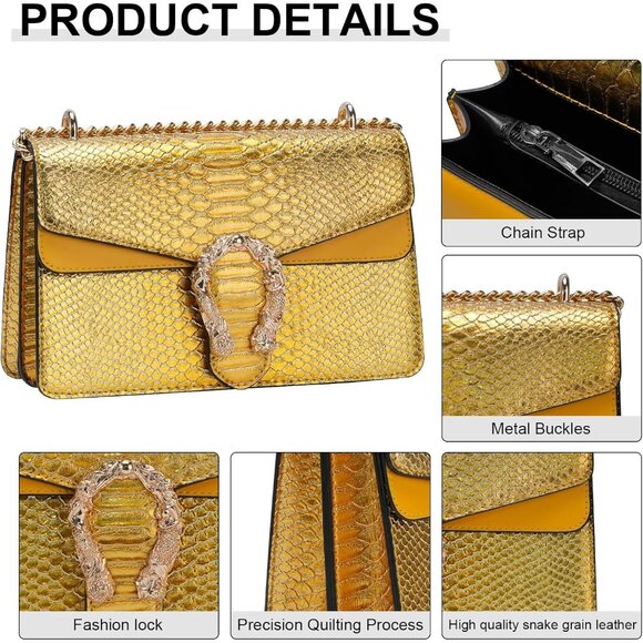 ⚡ Women's Yellow Snake Vegan Leather Print Casual Satchel Crossbody Handbag - Picture 6 of 7